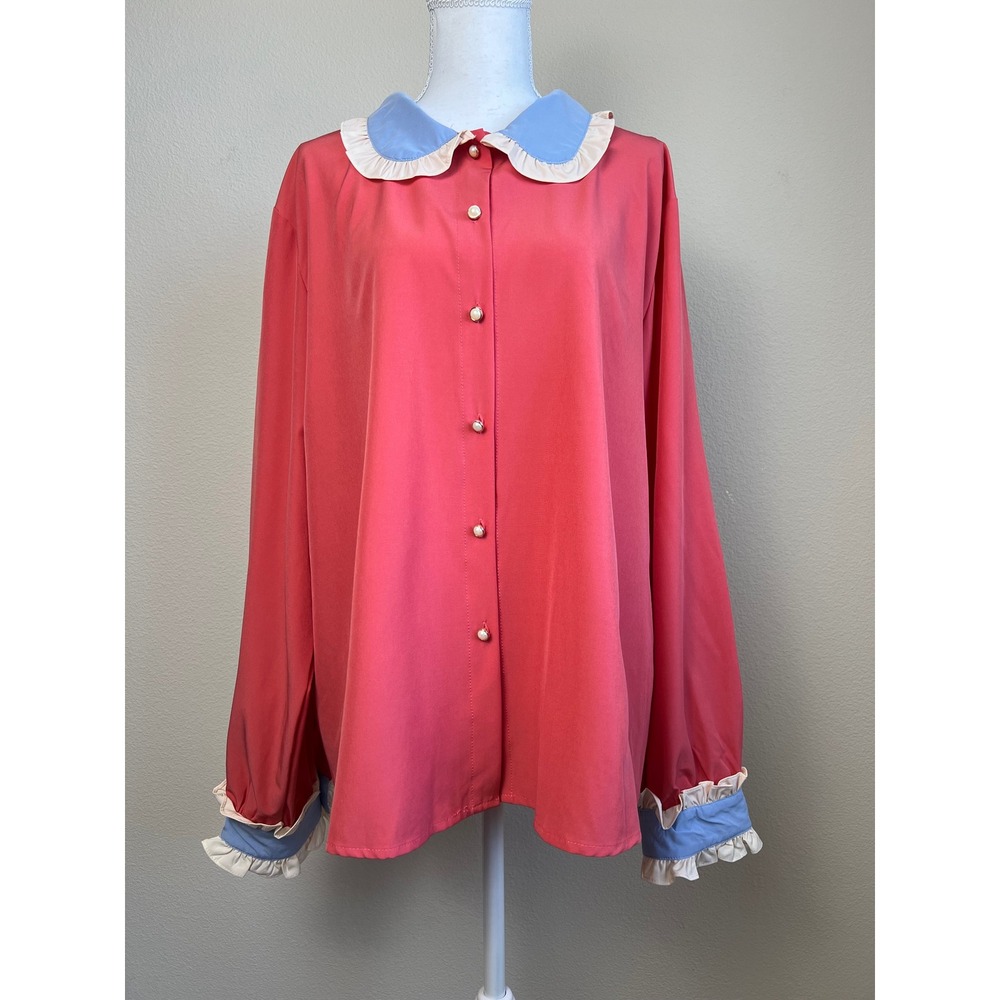 Cider 4XL Pink Peter Pan Collar Ruffle Blouse Pearl Button‎ Academia Fairy Top